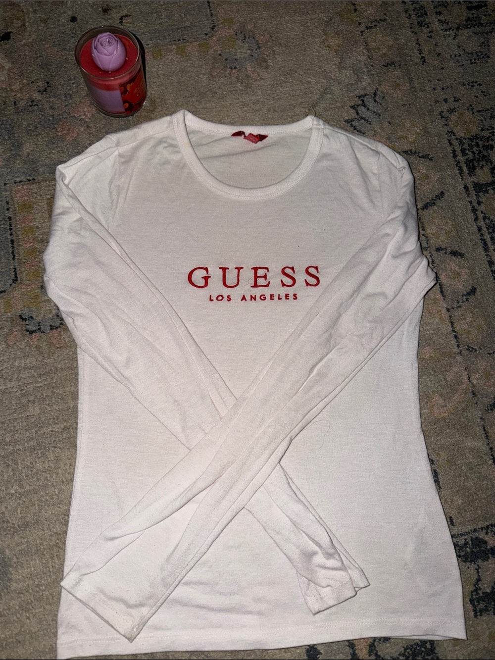 Guess White Long-Sleeve Tee with Red Logo